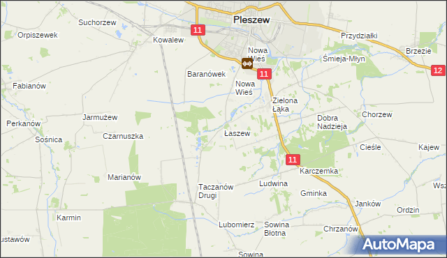 mapa Łaszew gmina Pleszew, Łaszew gmina Pleszew na mapie Targeo