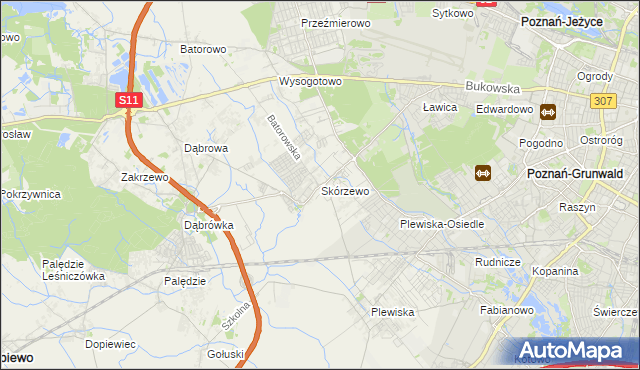 mapa Skórzewo gmina Dopiewo, Skórzewo gmina Dopiewo na mapie Targeo