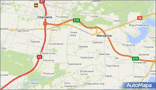 mapa Zawada gmina Mierzęcice, Zawada gmina Mierzęcice na mapie Targeo