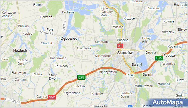 mapa Wilamowice gmina Skoczów, Wilamowice gmina Skoczów na mapie Targeo