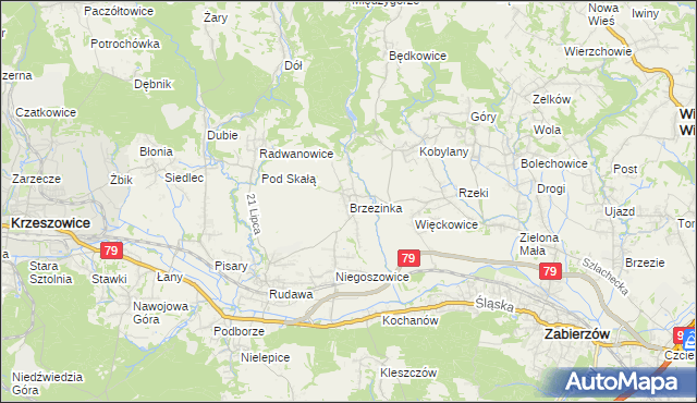 mapa Brzezinka gmina Zabierzów, Brzezinka gmina Zabierzów na mapie Targeo