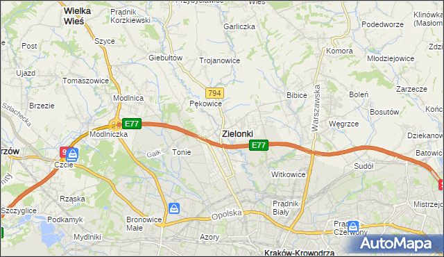 mapa Zielonki powiat krakowski, Zielonki powiat krakowski na mapie Targeo