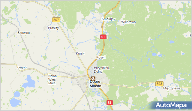 mapa Kosyń gmina Dobre Miasto, Kosyń gmina Dobre Miasto na mapie Targeo