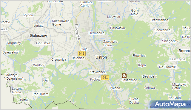 mapa Ustroń powiat cieszyński, Ustroń powiat cieszyński na mapie Targeo