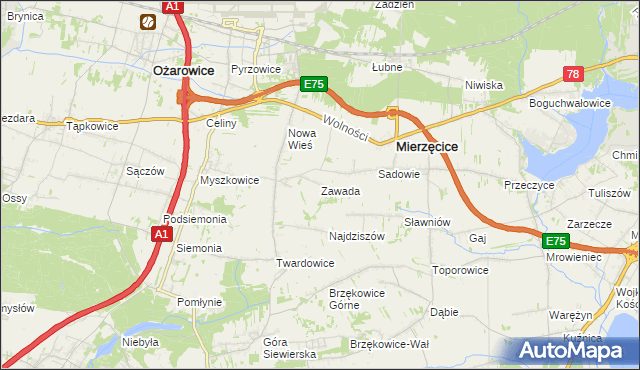 mapa Zawada gmina Mierzęcice, Zawada gmina Mierzęcice na mapie Targeo