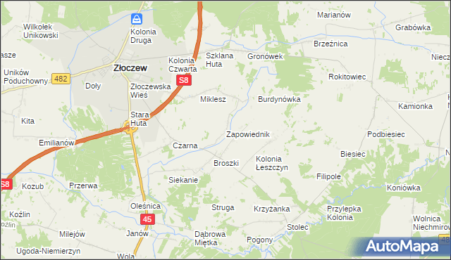 mapa Zapowiednik gmina Złoczew, Zapowiednik gmina Złoczew na mapie Targeo