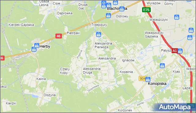 mapa Aleksandria gmina Konopiska, Aleksandria gmina Konopiska na mapie Targeo