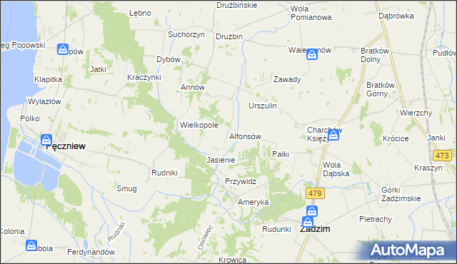 mapa Alfonsów gmina Zadzim, Alfonsów gmina Zadzim na mapie Targeo