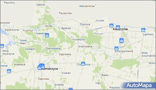 mapa Antoniówka gmina Kleszczów, Antoniówka gmina Kleszczów na mapie Targeo
