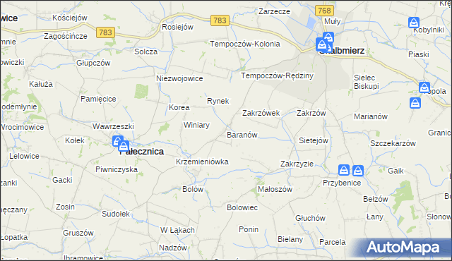 mapa Baranów gmina Skalbmierz, Baranów gmina Skalbmierz na mapie Targeo