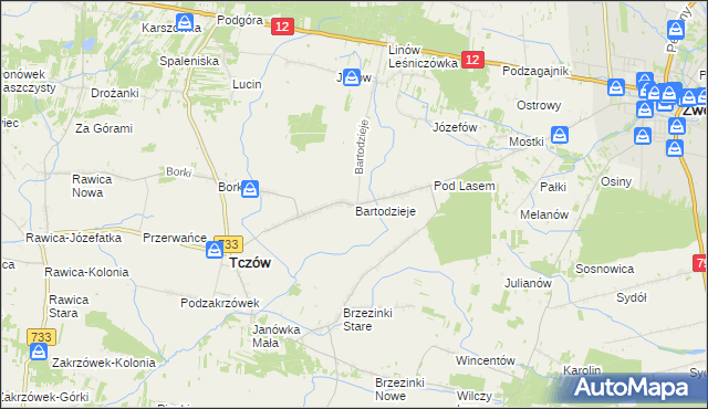 mapa Bartodzieje gmina Tczów, Bartodzieje gmina Tczów na mapie Targeo