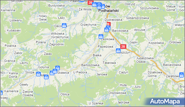 mapa Białka gmina Maków Podhalański, Białka gmina Maków Podhalański na mapie Targeo