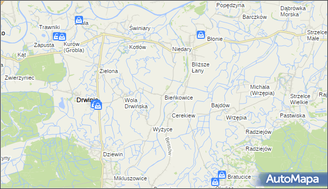 mapa Bieńkowice gmina Drwinia, Bieńkowice gmina Drwinia na mapie Targeo