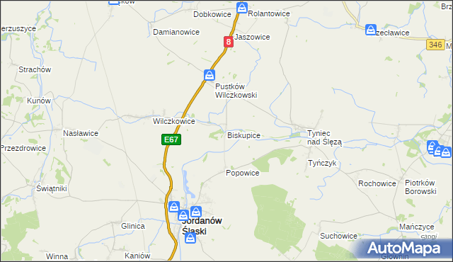 mapa Biskupice gmina Jordanów Śląski, Biskupice gmina Jordanów Śląski na mapie Targeo