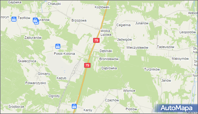 mapa Bronisławów gmina Tarłów, Bronisławów gmina Tarłów na mapie Targeo