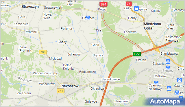 mapa Brynica gmina Piekoszów, Brynica gmina Piekoszów na mapie Targeo