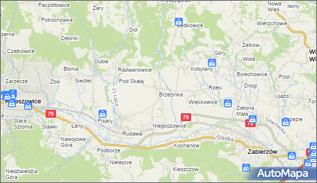mapa Brzezinka gmina Zabierzów, Brzezinka gmina Zabierzów na mapie Targeo