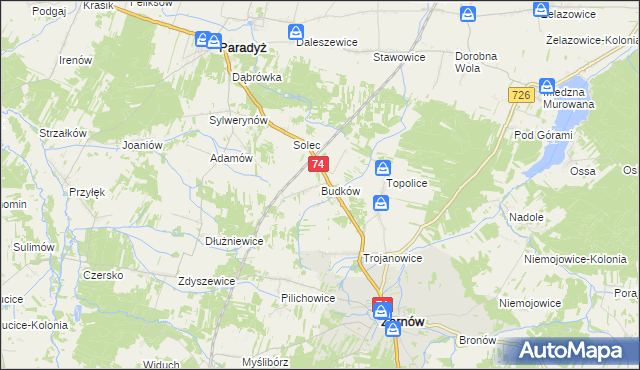 mapa Budków gmina Żarnów, Budków gmina Żarnów na mapie Targeo