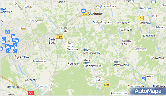mapa Budy Michałowskie gmina Jaktorów, Budy Michałowskie gmina Jaktorów na mapie Targeo