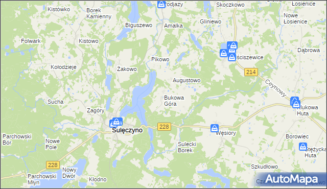 mapa Bukowa Góra gmina Sulęczyno, Bukowa Góra gmina Sulęczyno na mapie Targeo