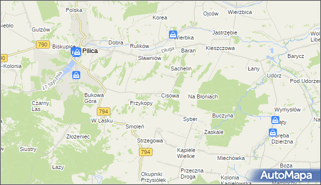 mapa Cisowa gmina Pilica, Cisowa gmina Pilica na mapie Targeo