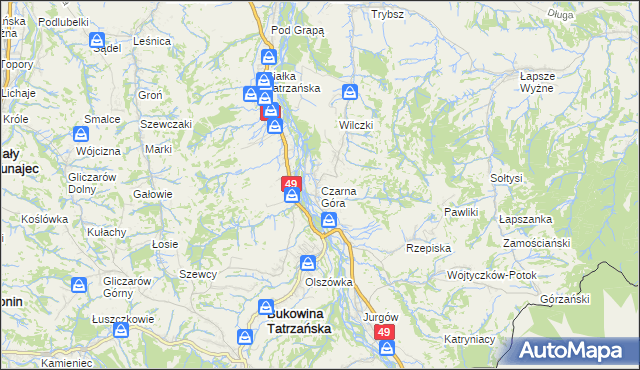 mapa Czarna Góra gmina Bukowina Tatrzańska, Czarna Góra gmina Bukowina Tatrzańska na mapie Targeo