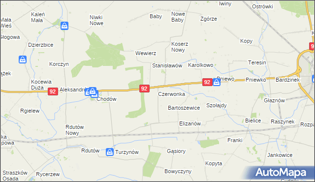 mapa Czerwonka gmina Chodów, Czerwonka gmina Chodów na mapie Targeo