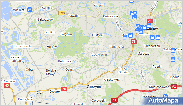 mapa Czyżowice gmina Gorzyce, Czyżowice gmina Gorzyce na mapie Targeo