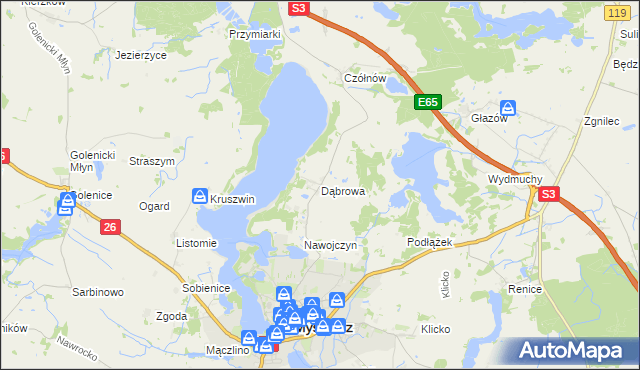 mapa Dąbrowa gmina Myślibórz, Dąbrowa gmina Myślibórz na mapie Targeo