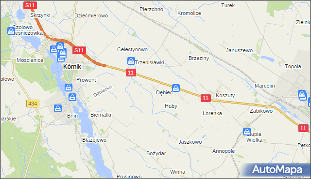 mapa Dębiec gmina Kórnik, Dębiec gmina Kórnik na mapie Targeo