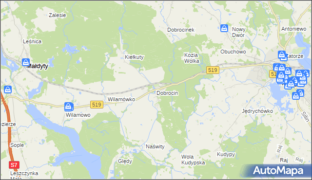 mapa Dobrocin gmina Małdyty, Dobrocin gmina Małdyty na mapie Targeo