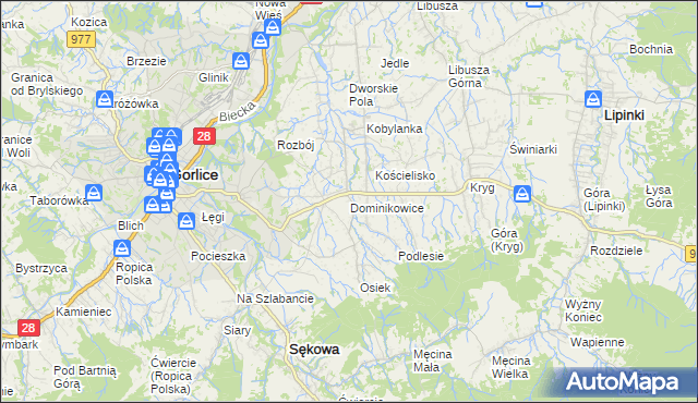 mapa Dominikowice gmina Gorlice, Dominikowice gmina Gorlice na mapie Targeo