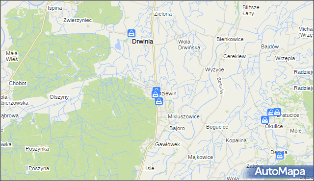 mapa Dziewin gmina Drwinia, Dziewin gmina Drwinia na mapie Targeo
