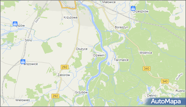 mapa Dziewin gmina Ścinawa, Dziewin gmina Ścinawa na mapie Targeo