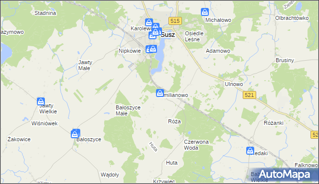 mapa Emilianowo gmina Susz, Emilianowo gmina Susz na mapie Targeo
