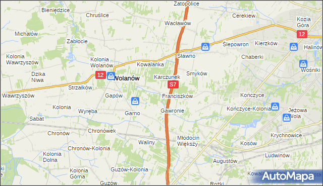 mapa Franciszków gmina Wolanów, Franciszków gmina Wolanów na mapie Targeo