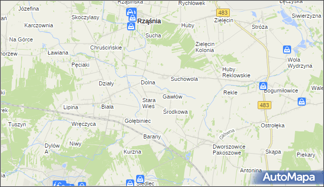 mapa Gawłów gmina Rząśnia, Gawłów gmina Rząśnia na mapie Targeo