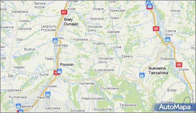mapa Gliczarów Górny, Gliczarów Górny na mapie Targeo