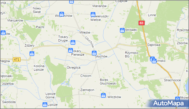 mapa Głuchów gmina Kawęczyn, Głuchów gmina Kawęczyn na mapie Targeo