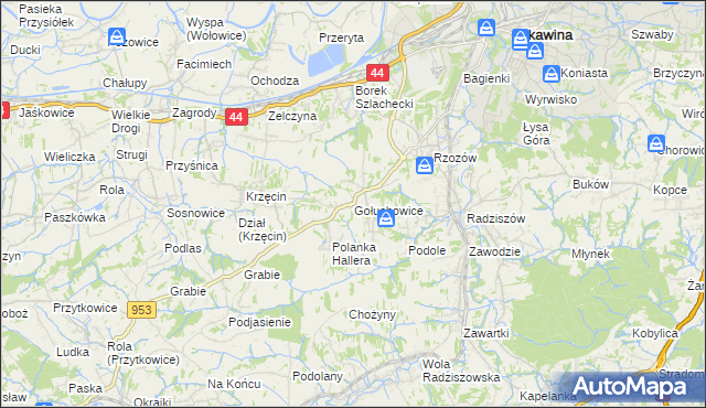 mapa Gołuchowice gmina Skawina, Gołuchowice gmina Skawina na mapie Targeo