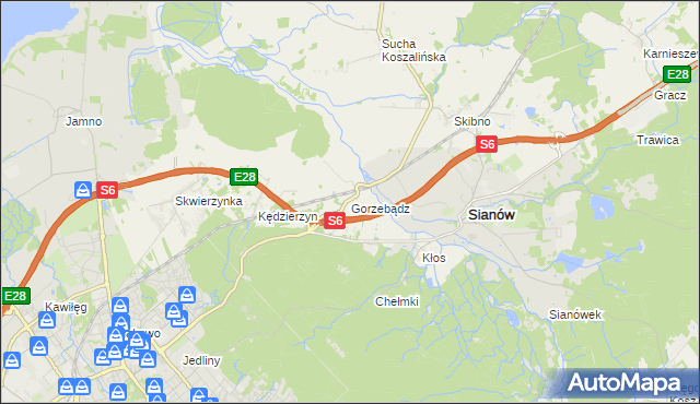 mapa Gorzebądz gmina Sianów, Gorzebądz gmina Sianów na mapie Targeo