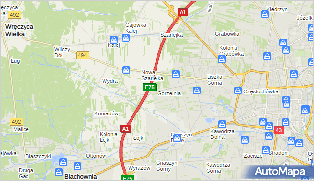 mapa Gorzelnia gmina Blachownia, Gorzelnia gmina Blachownia na mapie Targeo