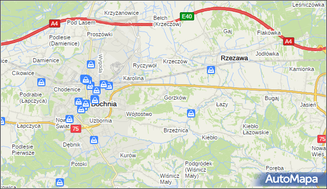 mapa Gorzków gmina Bochnia, Gorzków gmina Bochnia na mapie Targeo