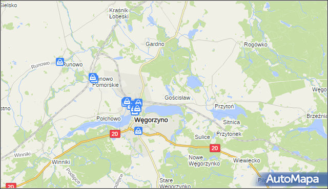 mapa Gościsław gmina Węgorzyno, Gościsław gmina Węgorzyno na mapie Targeo