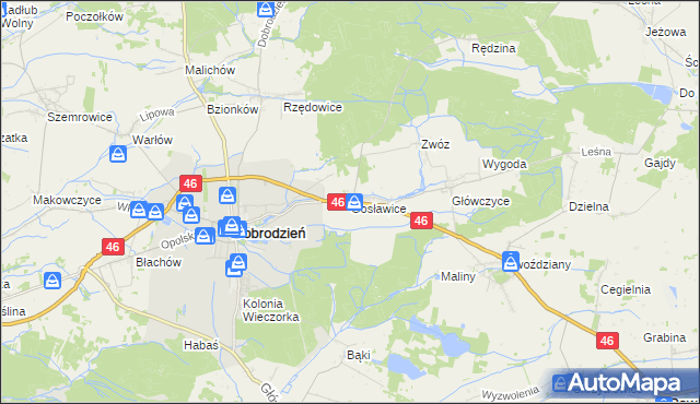 mapa Gosławice gmina Dobrodzień, Gosławice gmina Dobrodzień na mapie Targeo