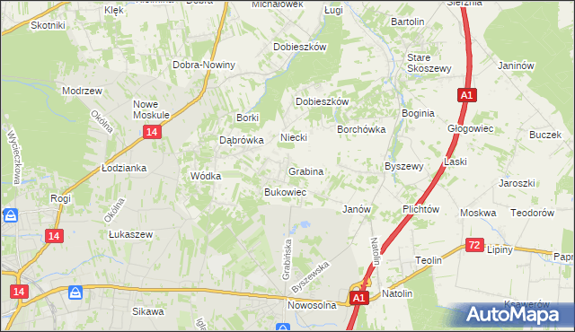 mapa Grabina gmina Nowosolna, Grabina gmina Nowosolna na mapie Targeo