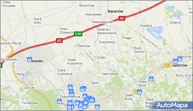 mapa Grądy gmina Jaktorów, Grądy gmina Jaktorów na mapie Targeo