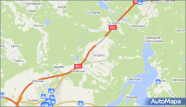 mapa Gryźliny gmina Stawiguda, Gryźliny gmina Stawiguda na mapie Targeo
