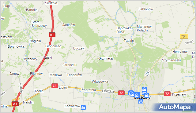 mapa Grzmiąca gmina Brzeziny, Grzmiąca gmina Brzeziny na mapie Targeo
