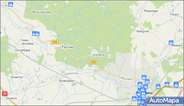 mapa Grzybno gmina Sławno, Grzybno gmina Sławno na mapie Targeo